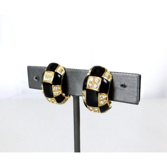Roman Black Enamel Pave Crystal Rhinestone Half Hoop Earrings Clip on - Picture 4 of 10